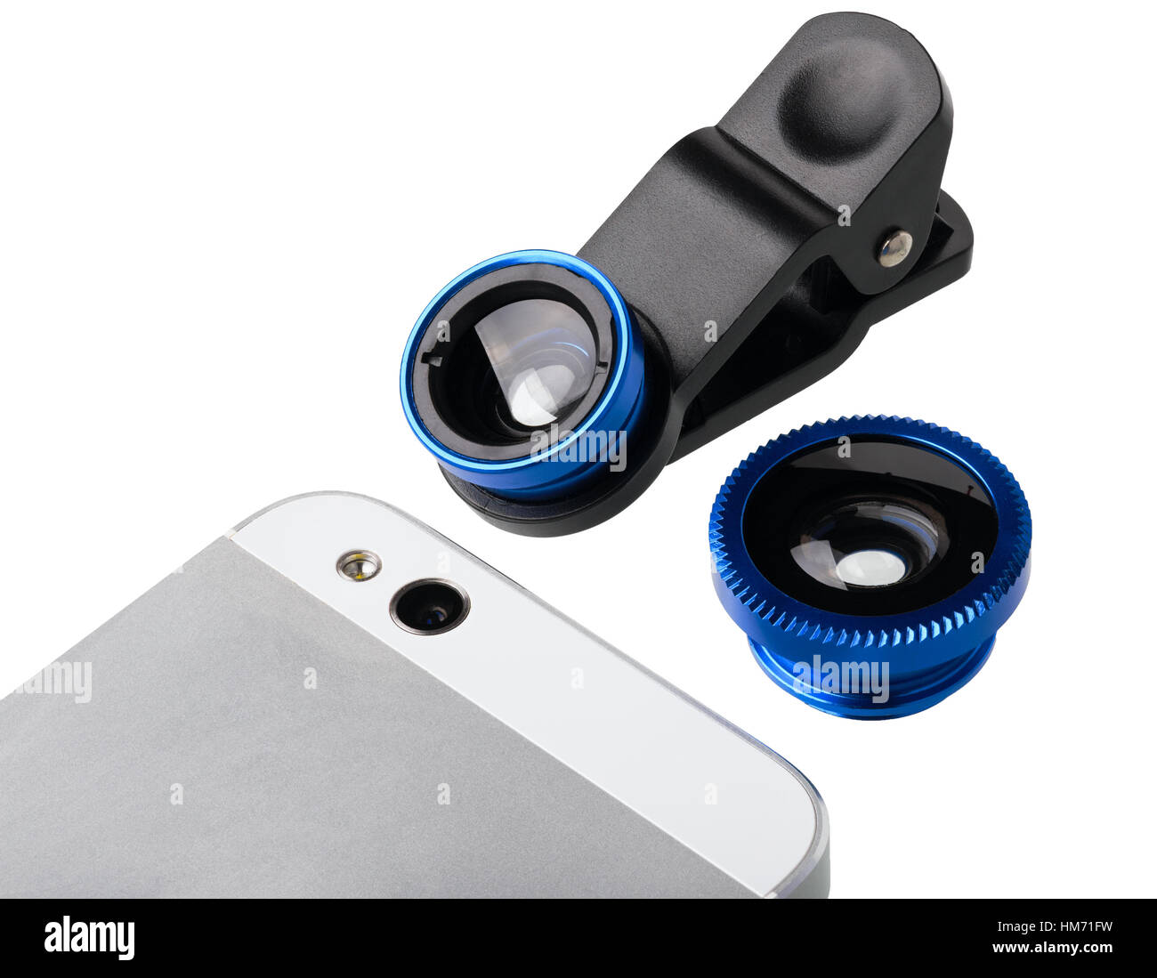 L'objectif macro et fisheye pour téléphone cellulaire sur fond blanc. Banque D'Images