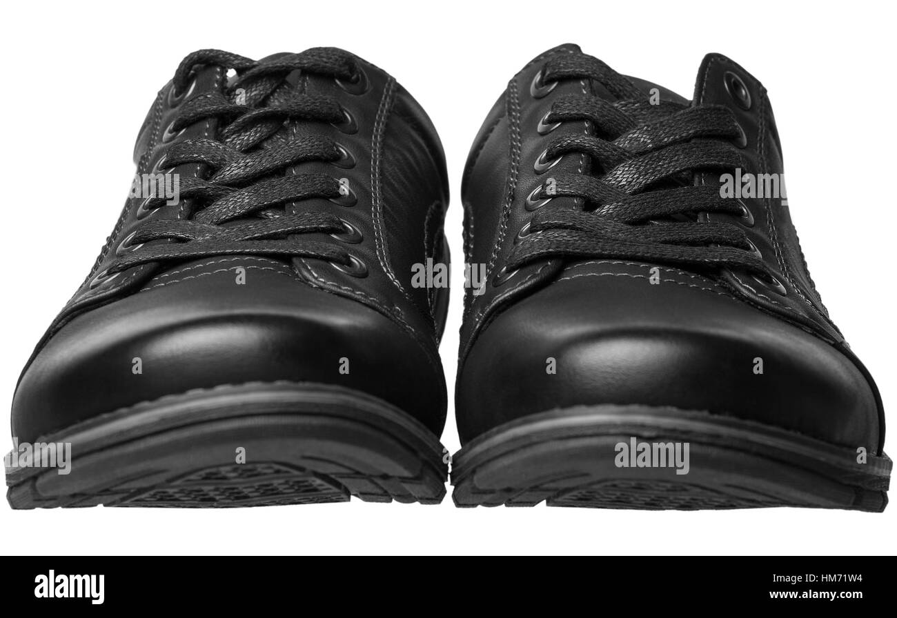 Chaussures hommes noirs sur fond blanc. Vue avant Banque D'Images