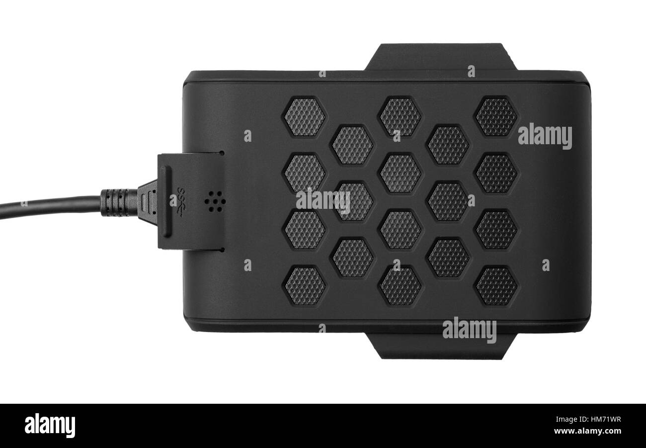 Disque dur externe noir avec le câble inséré. Vue d'en haut. Disque dur portable est isolé sur fond blanc Banque D'Images