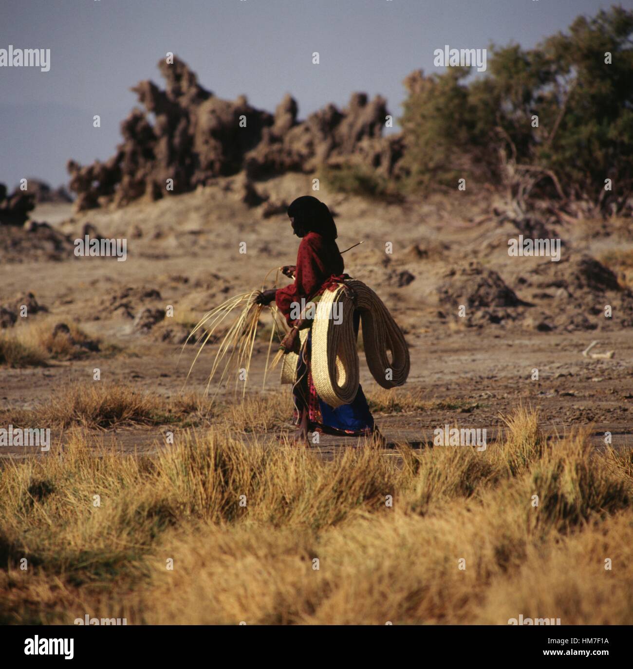 Femme Afar près du lac Abbe, République de Djibouti. Banque D'Images