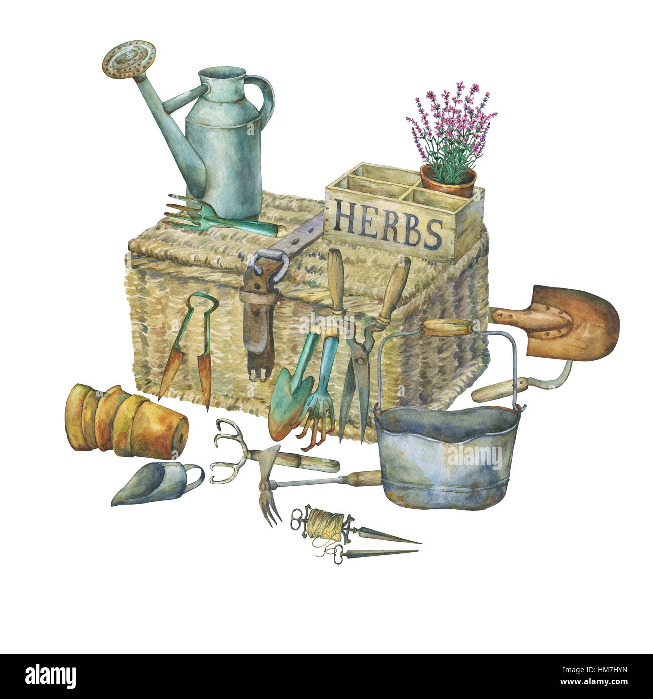 Illustration d'outils de jardinage. La main de l'aquarelle sur fond blanc. Banque D'Images