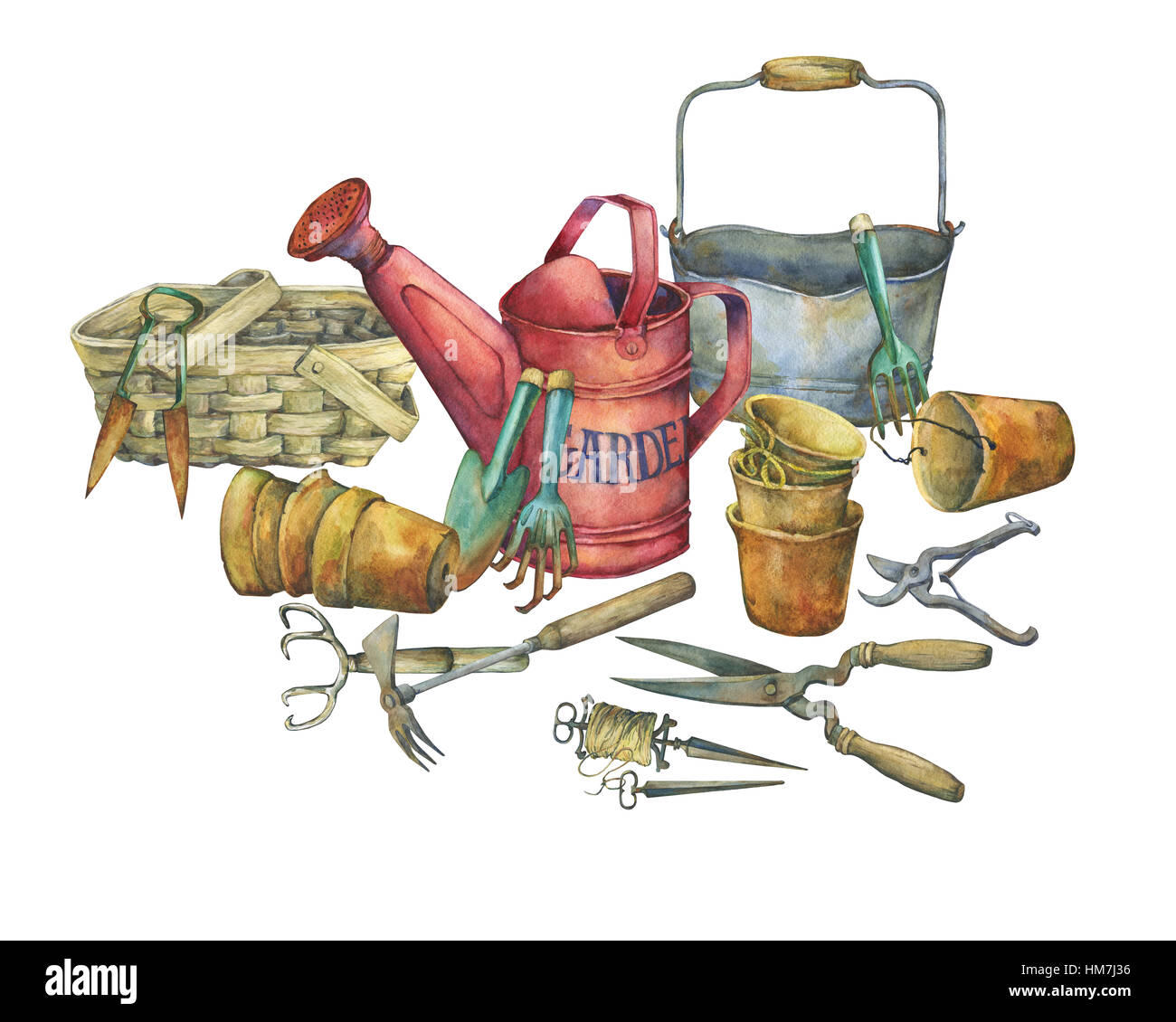 Illustration d'outils de jardinage. La main de l'aquarelle sur fond blanc  Photo Stock - Alamy