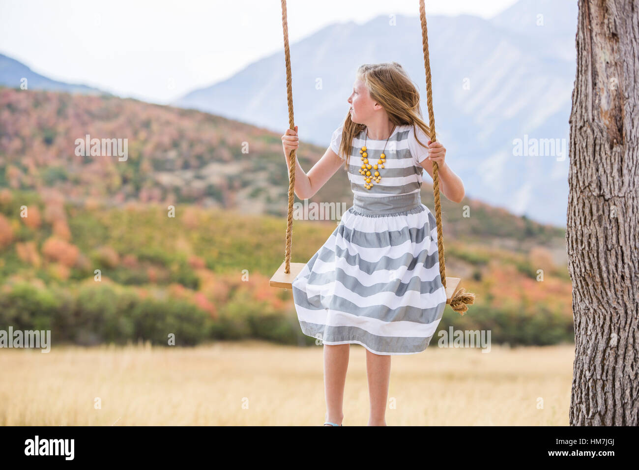 Girl (8-9) sitting on swing Banque D'Images