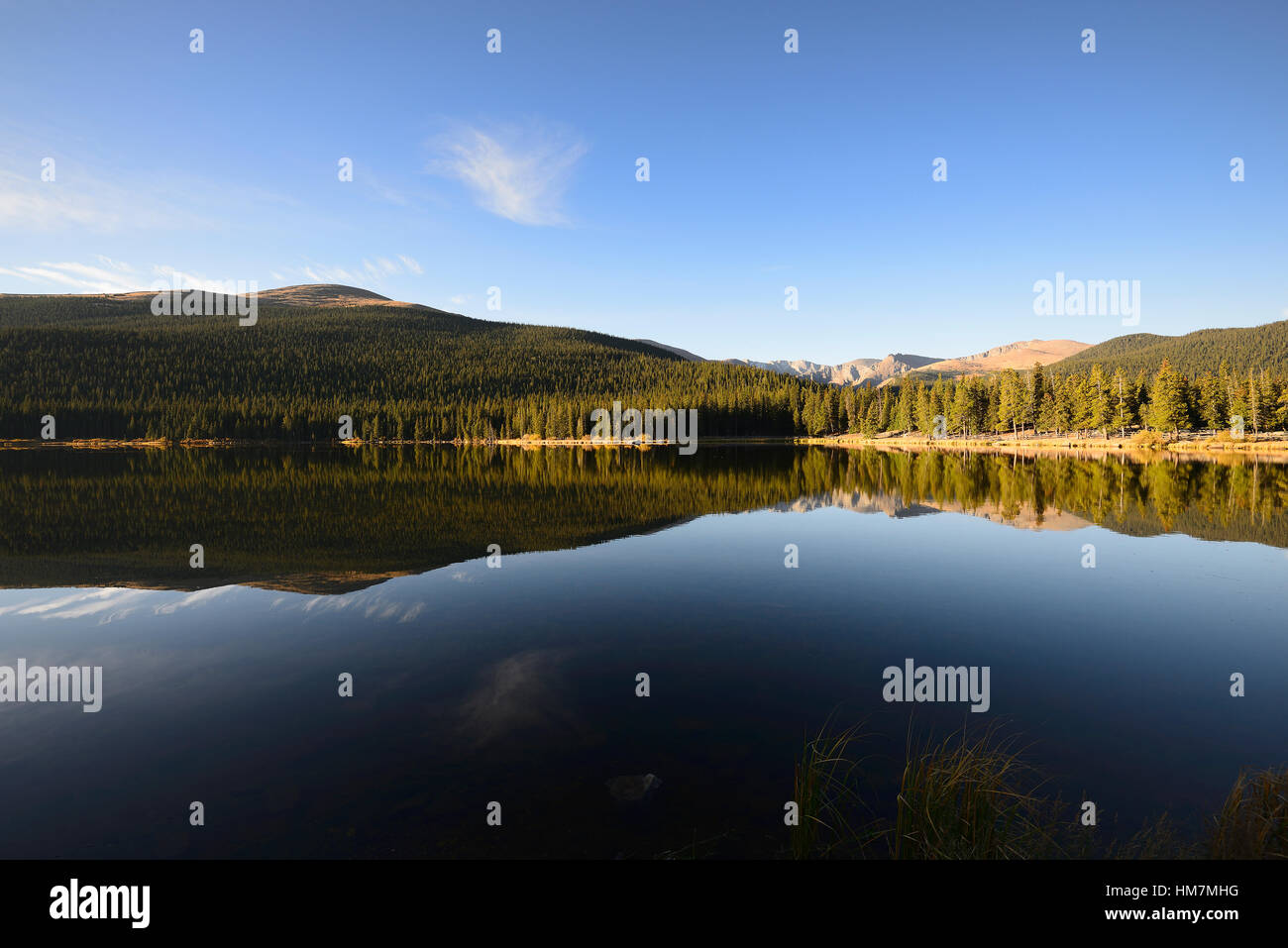 USA, Colorado, Mount Evans et de la forêt se reflétant dans le lac Echo Banque D'Images