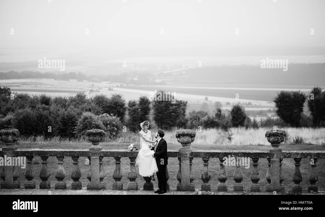Couple de mariage d'amour à leur happy wedding day background vintage château sur temps nuageux. Photo en noir et blanc Banque D'Images