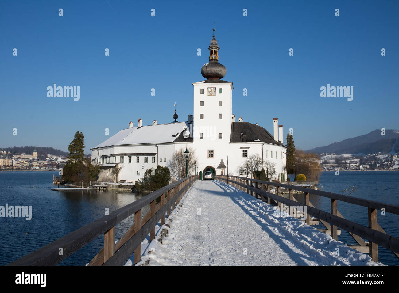 Pont en bois pour Traunsee château Schloss orth, Gmunden, Autriche, Haute-Autriche Traunstein Banque D'Images