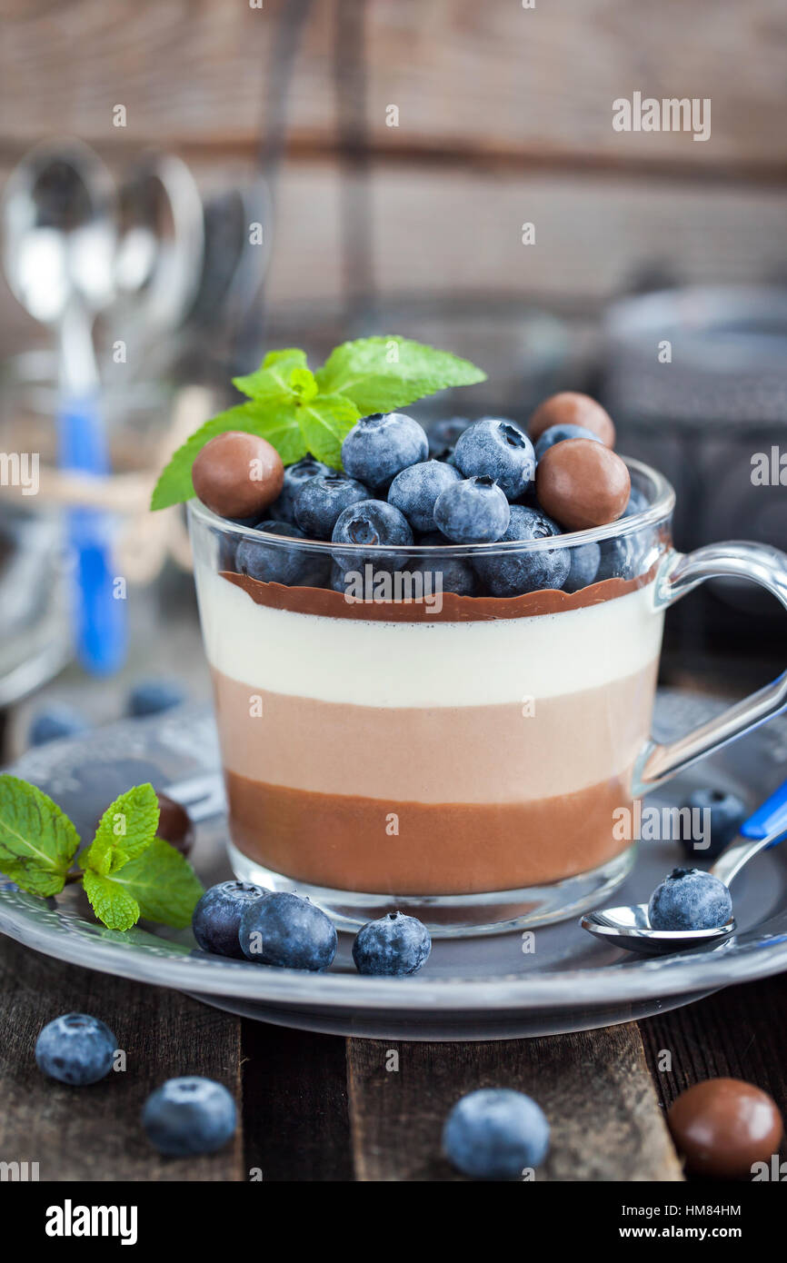 Trois délicieux dessert mousse au chocolat en couches, décorées avec de bleuets frais, de menthe et de bonbons, servi dans la tasse en verre Banque D'Images