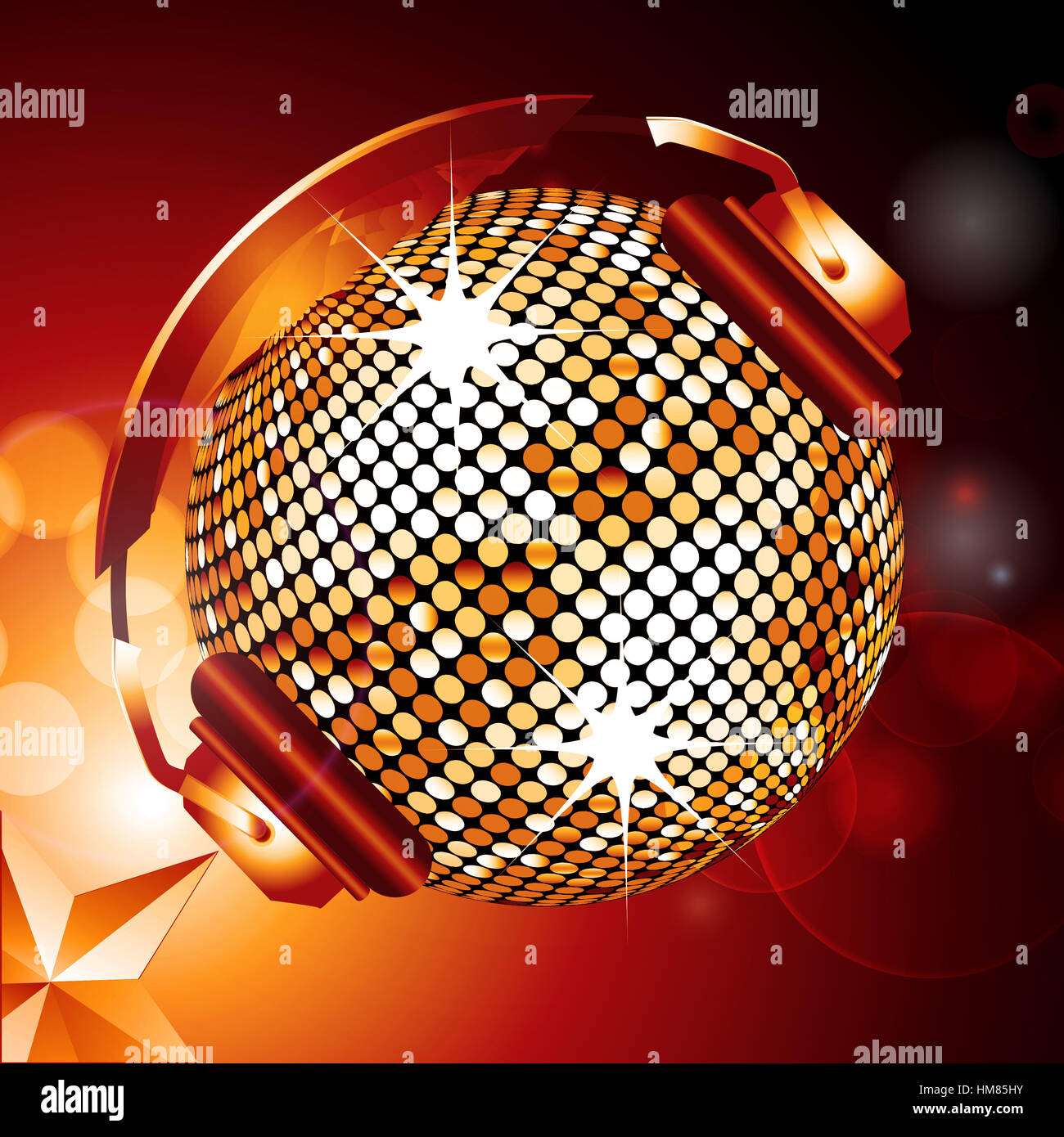 Boule disco avec un casque d'or sur fond lumineux avec Golden Star Banque D'Images