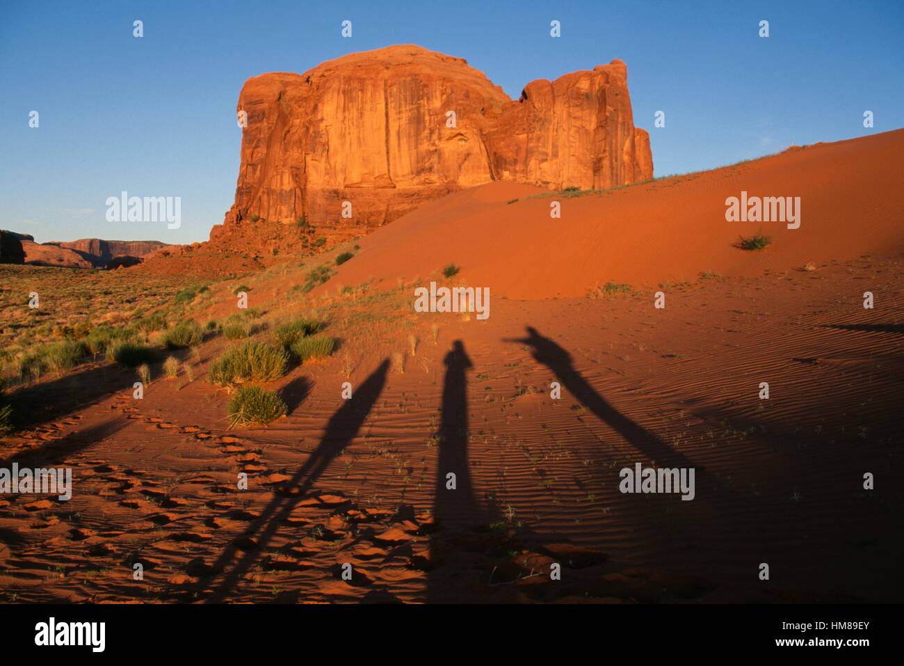 Dieu pluie Mesa à l'aube, sable, printemps, Monument Valley Navajo Tribal Park, Utah et Arizona, États-Unis d'Amérique. Banque D'Images