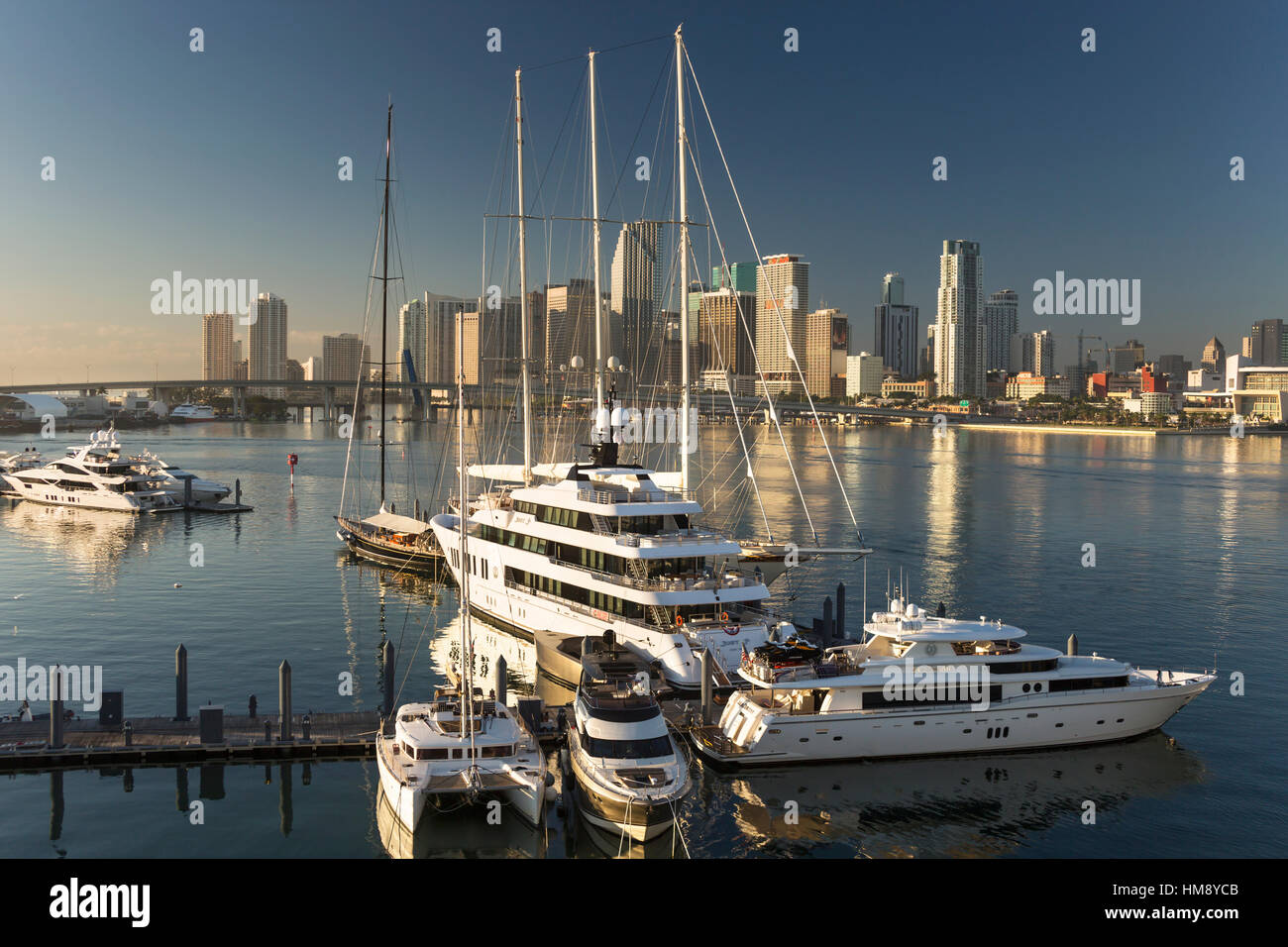 SUPERYATCHS AMARRÉ AU PORT DE PLAISANCE JARDINS DE L'ÎLE DE WATSON ISLAND CENTRE-VILLE MIAMI FLORIDA USA Banque D'Images