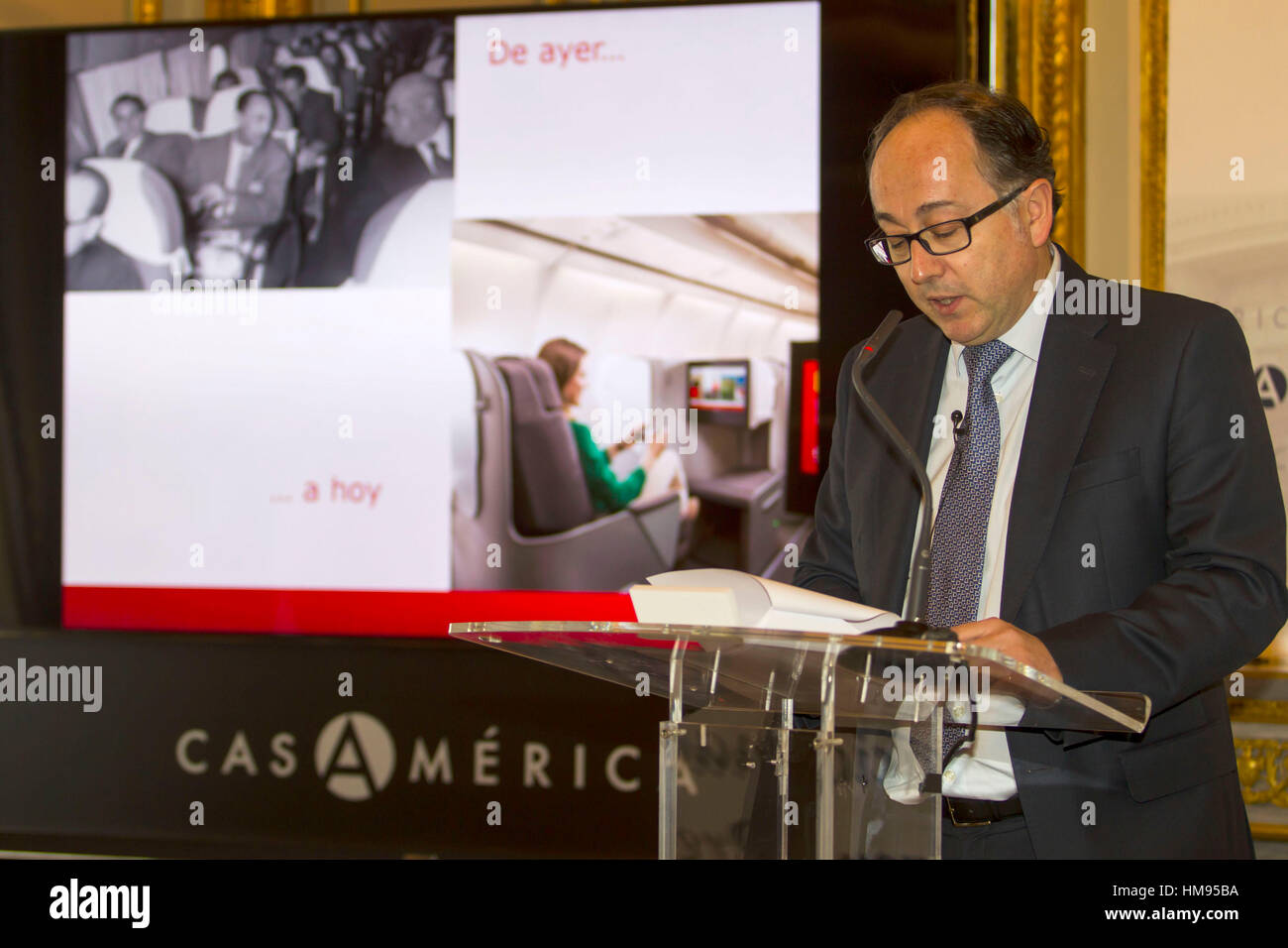 Iberia Chef Luis Gallego durant la présentation d'un prix pour le 70e anniversaire des vols vers l'Amérique latine et sa rapidité en Amérique du Nord, Madrid. 02/29/2016 Banque D'Images