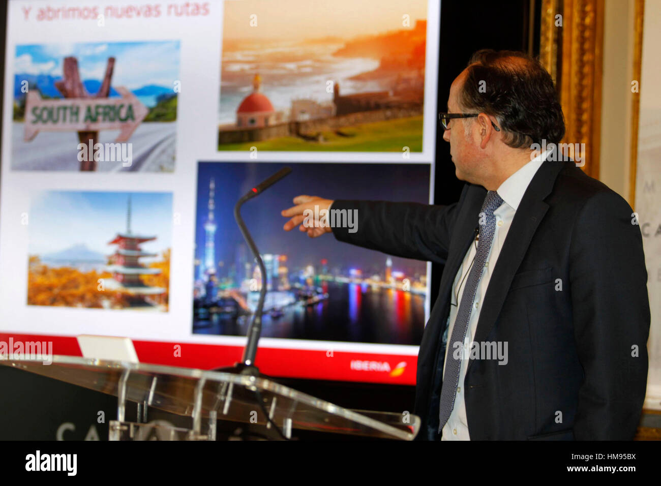 Iberia Chef Luis Gallego durant la présentation d'un prix pour le 70e anniversaire des vols vers l'Amérique latine et sa rapidité en Amérique du Nord, Madrid. 02/29/2016 Banque D'Images