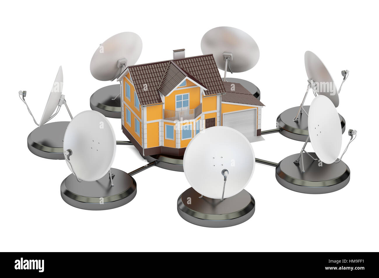 Concept de télécommunications. Des antennes paraboliques avec House, 3D Rendering isolé sur fond blanc Banque D'Images