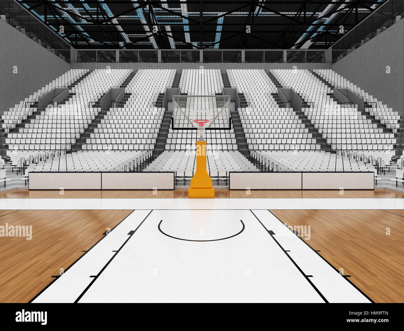 3D render of belle arène de sport pour le basket-ball avec projecteurs et sièges blanc et VIP des boîtes pour dix mille personnes Banque D'Images