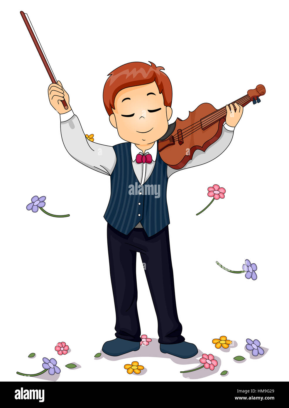 Illustration d'un jeune joueur de violon étant couverts de fleurs Banque D'Images