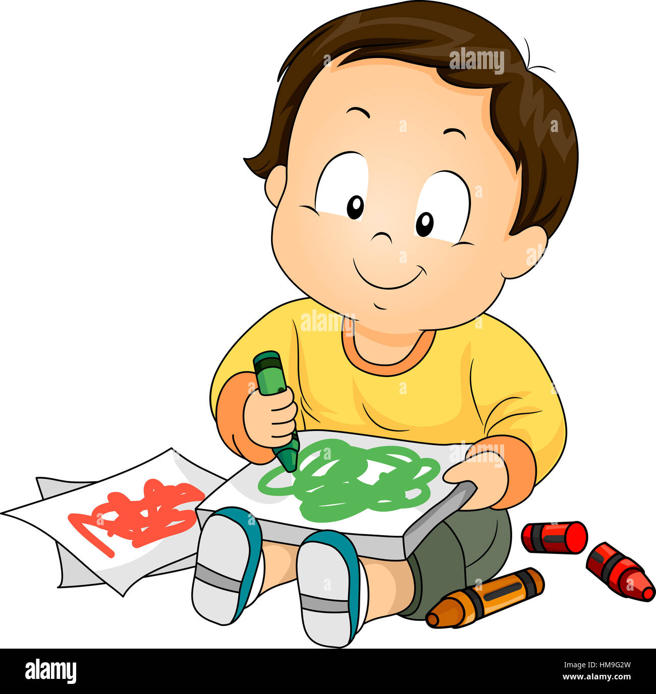 Un Petit Enfant Dessine Avec Des Crayons Pastel Sur Une Table Blanche  Banque D'Images et Photos Libres De Droits. Image 211340021