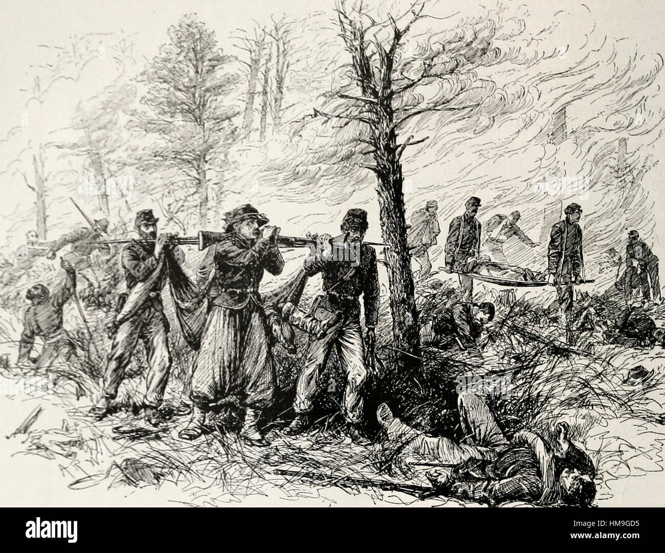 La combustion de bois, 6 mai 1864 - Sauver les blessés - Bataille du désert - Guerre civile USA Banque D'Images