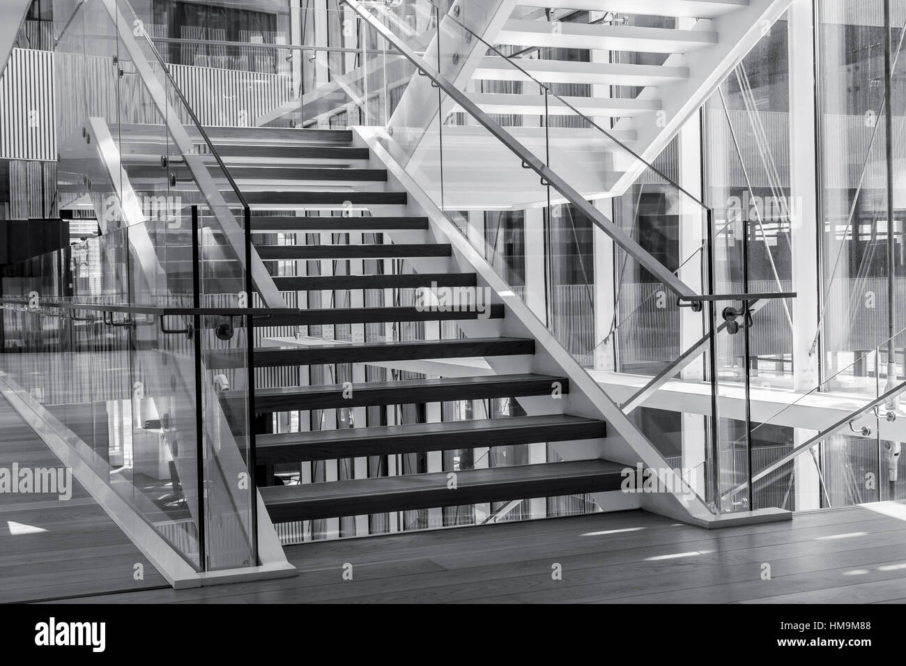 Escalier intérieur dans un bâtiment d'architecture moderne. Haut contraste noir et blanc photo Banque D'Images