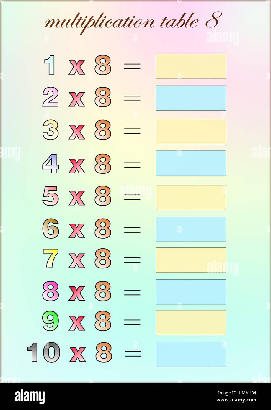 Table De Multiplication De 8 Table de multiplication de 8 avec l'espace vide d'écrire Photo Stock