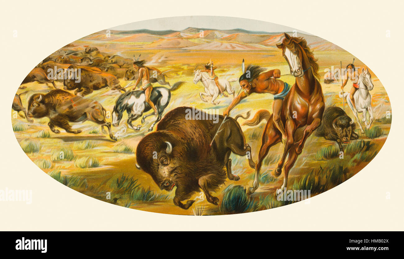 Les Indiens d'Amérique du Nord sur l'chasser le bison. À partir d'une chromolithographie créé vers 1900. Banque D'Images