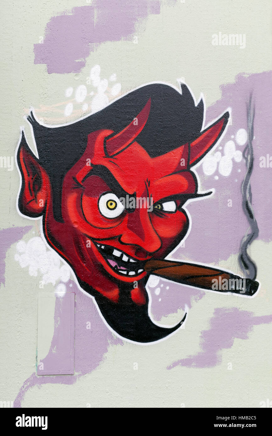 Red Devil fumeurs de cigare, graffiti, art urbain, street art, Düsseldorf, Rhénanie du Nord-Westphalie, Allemagne Banque D'Images
