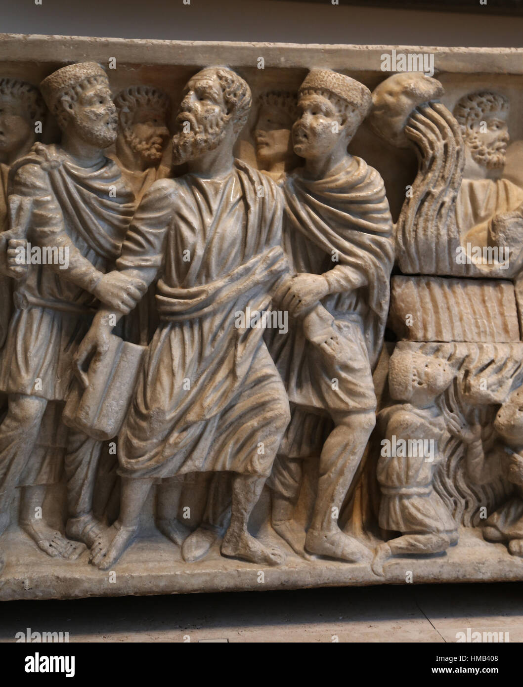 Sarcophage d'Astorga. Détail : l'arrestation de Saint Pierre. En. Vers 310. Des chrétiens. L'Espagne. Musée Archéologique National, Madrid. L'Espagne. Banque D'Images