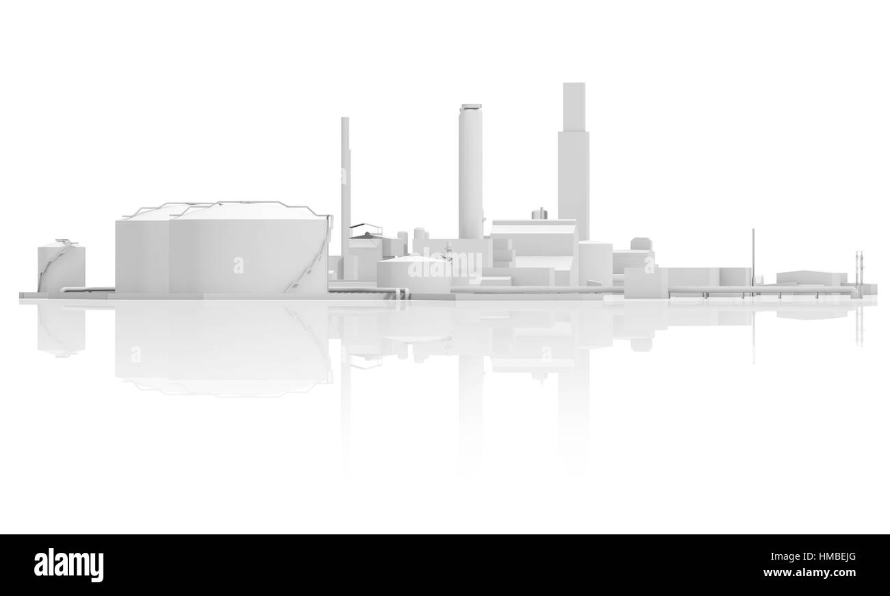 Résumé installation industrielle moderne avec des chars, les cheminées et les bâtiments 3D modèle isolé sur fond blanc avec des reflets au sol Banque D'Images