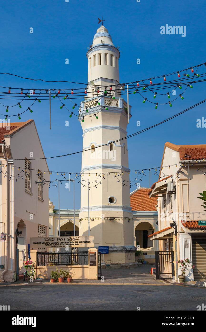 Minaret de la vieille mosquée Aceh Lebuh, site du patrimoine de l'UNESCO à George Town, Penang, Malaisie. Banque D'Images