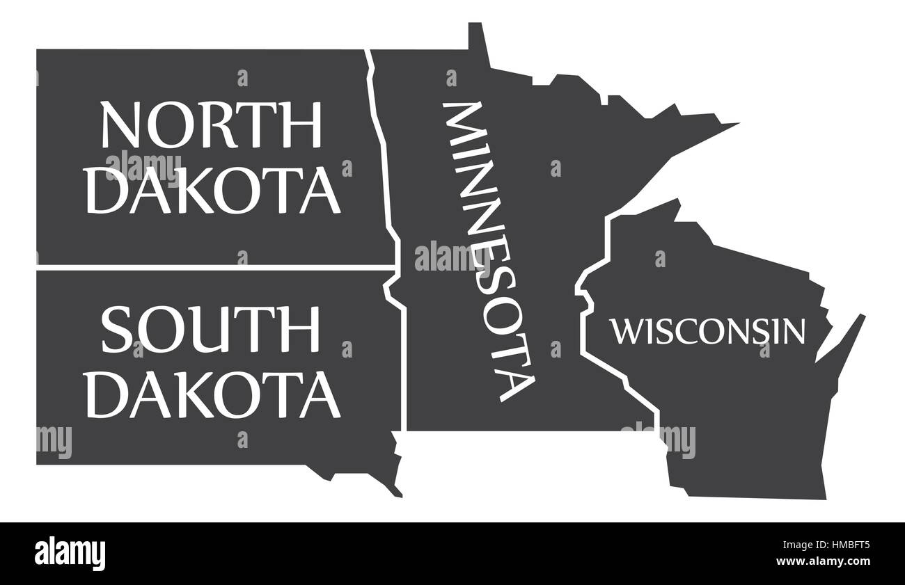 Dakota du Nord - Dakota du Sud - Minnesota - Wisoncsin étiqueté illustration noir Illustration de Vecteur