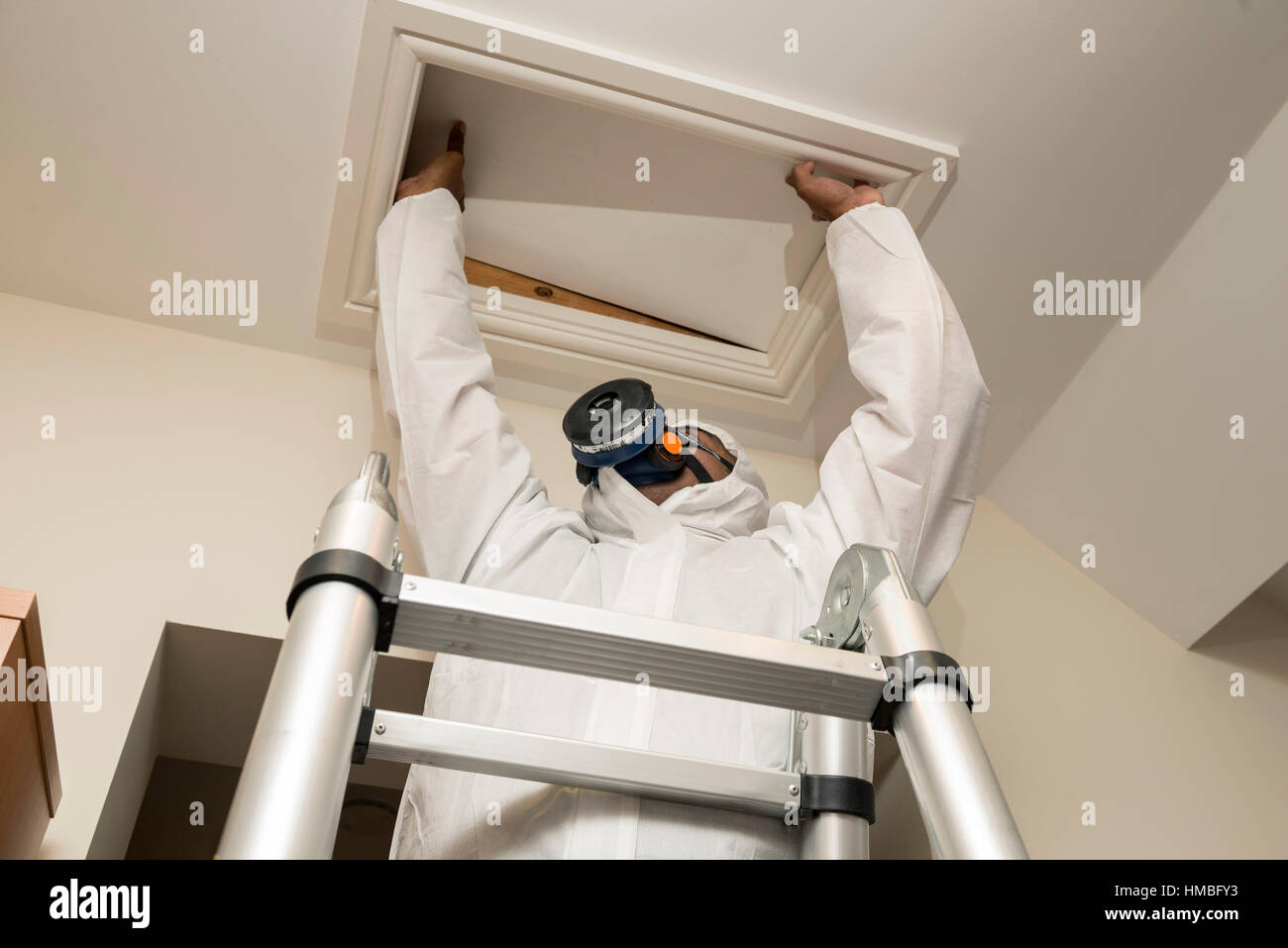 Santé et la sécurité des techniciens de laboratoire vérifier des immeubles et des propriétés sur les dangers pour l'environnement, tels que l'amiante et de la qualité de l'eau avec équipement correct Banque D'Images