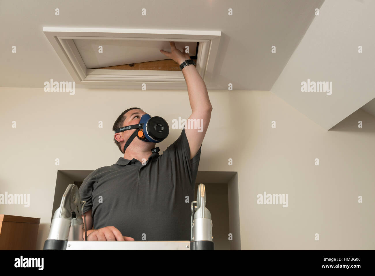 Santé et la sécurité des techniciens de laboratoire vérifier des immeubles et des propriétés sur les dangers pour l'environnement, tels que l'amiante et de la qualité de l'eau avec équipement correct Banque D'Images