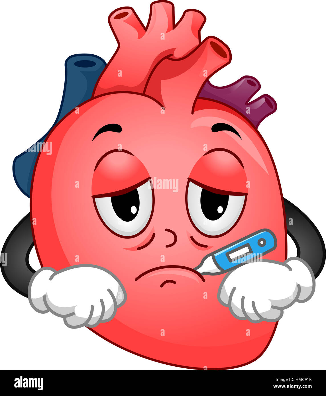 Mascot Illustration d'un coeur humain malade à l'aide d'un thermomètre pour vérifier sa température Banque D'Images