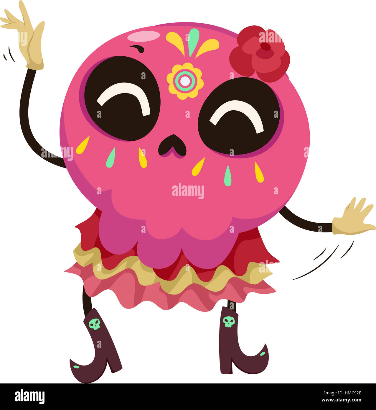 Mascot Illustration d'un crâne en sucre coloré vêtu d'un costume traditionnel mexicain effectuant une danse Banque D'Images