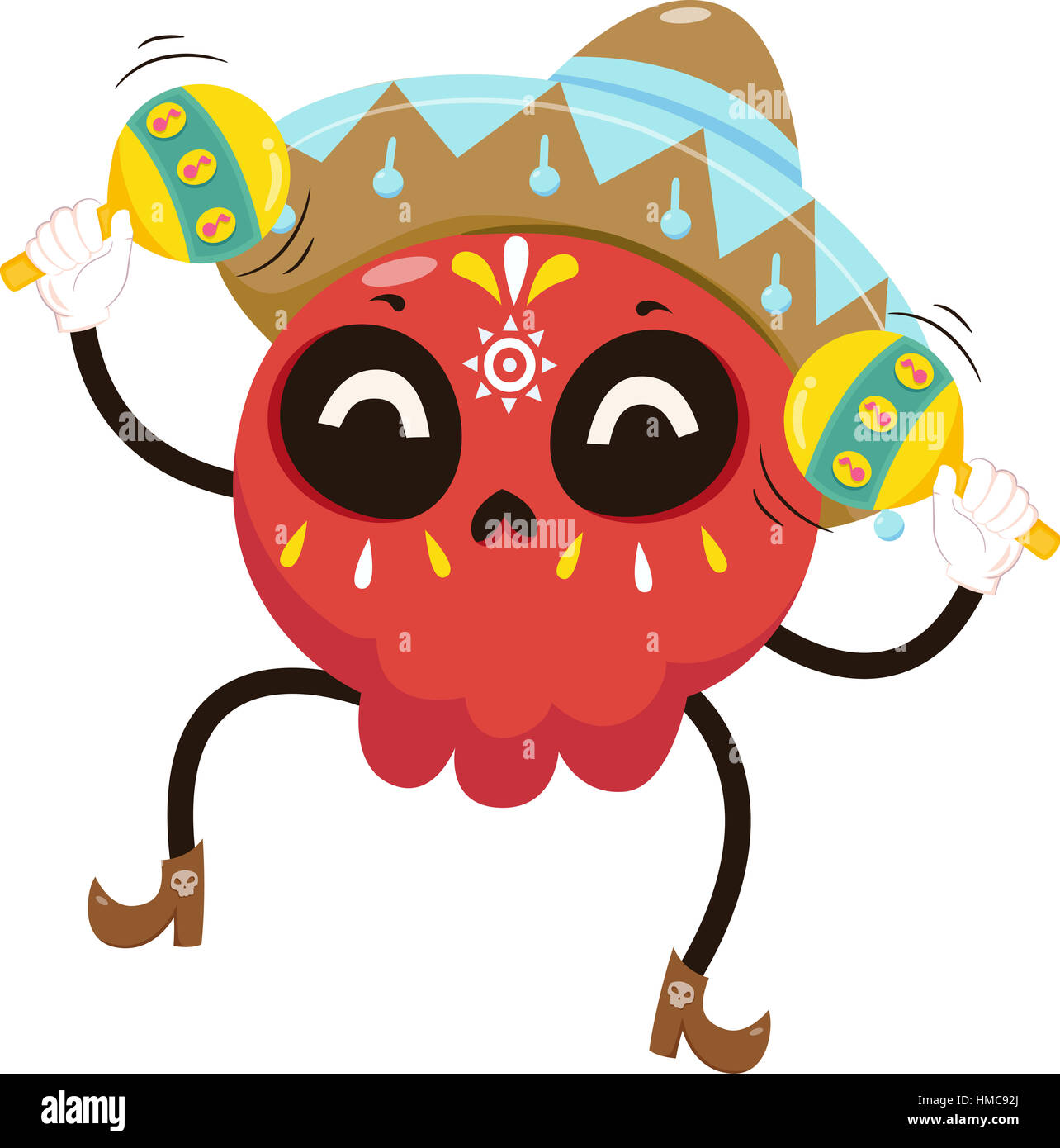Mascot Illustration d'un crâne en sucre coloré vêtu d'un costume de Mariachi jouant avec les Maracas Banque D'Images