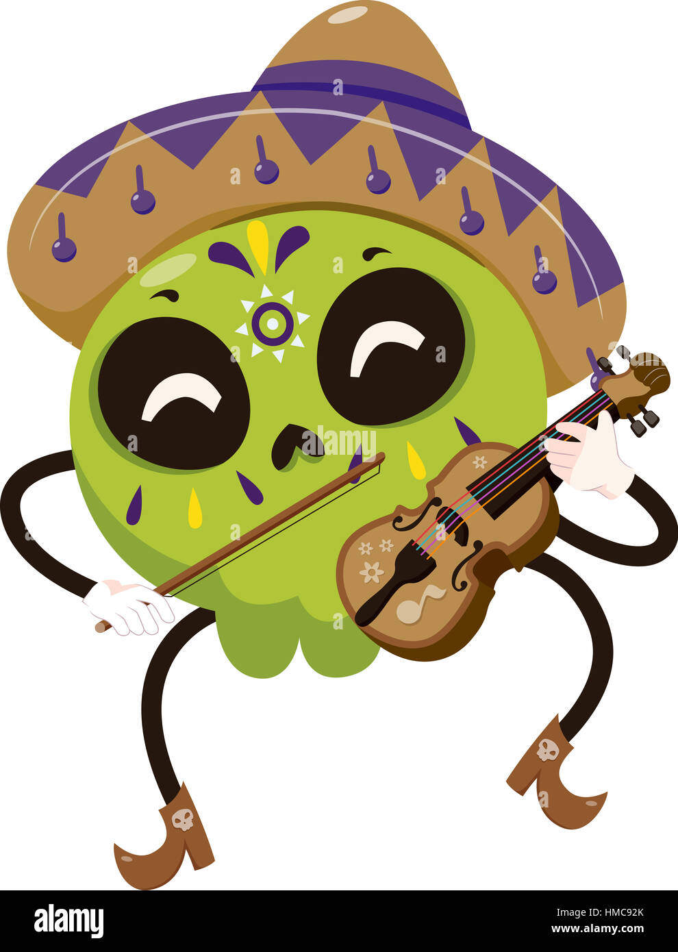 Mascot Illustration d'un crâne en sucre coloré vêtu d'un costume de Mariachi à jouer du violon Banque D'Images