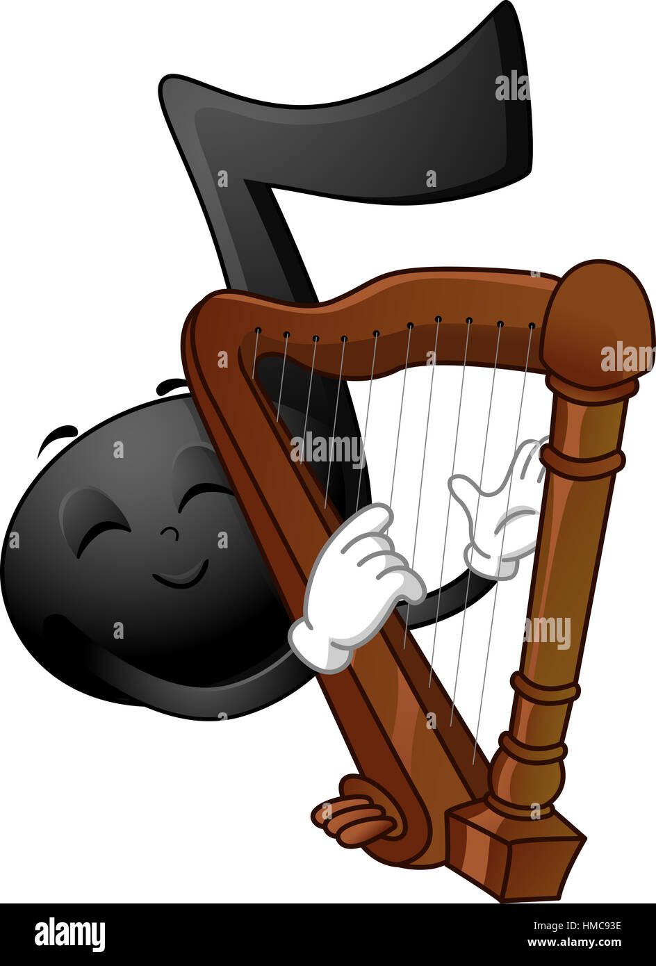 Mascot Illustration d'une note de musique noire de caresser les cordes d'une harpe Banque D'Images