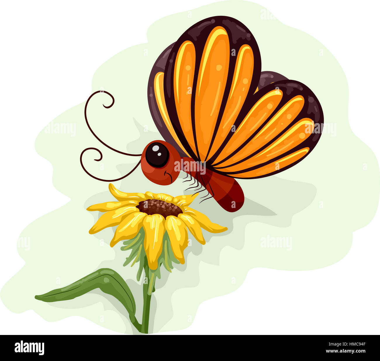 Animal lunatique Illustration d'un papillon jaune qui volettent au-dessus un tournesol Banque D'Images