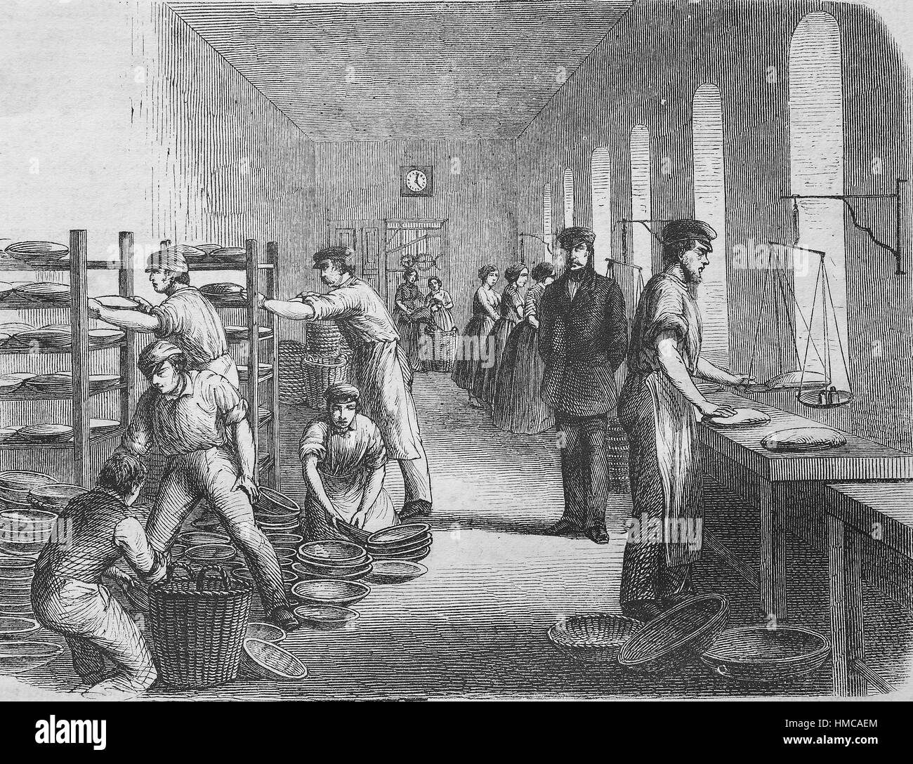 Les personnes travaillant dans une boulangerie, pétrir la pâte, photo ou illustration, publié en 1892, l'amélioration numérique Banque D'Images