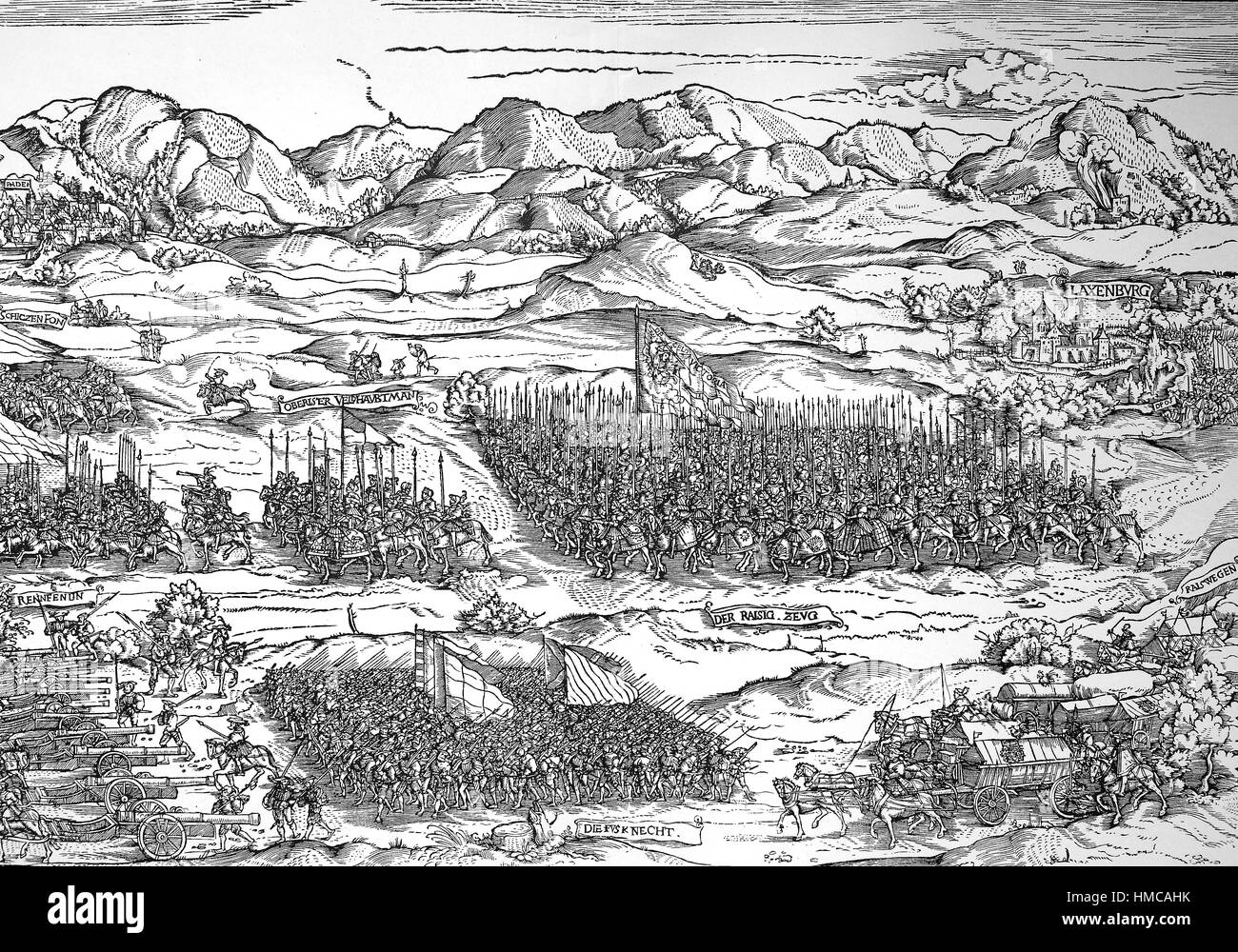 Pouf - guerres Habsbourg, 1532, Friedrich de Bavière et ses troupes sur le marcher contre les troupes turques, photo ou illustration, publié en 1892, l'amélioration numérique Banque D'Images