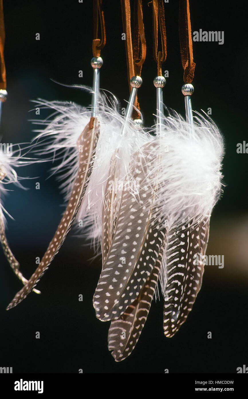 American Indian collier souvenirs d'argent et de plumes. Banque D'Images