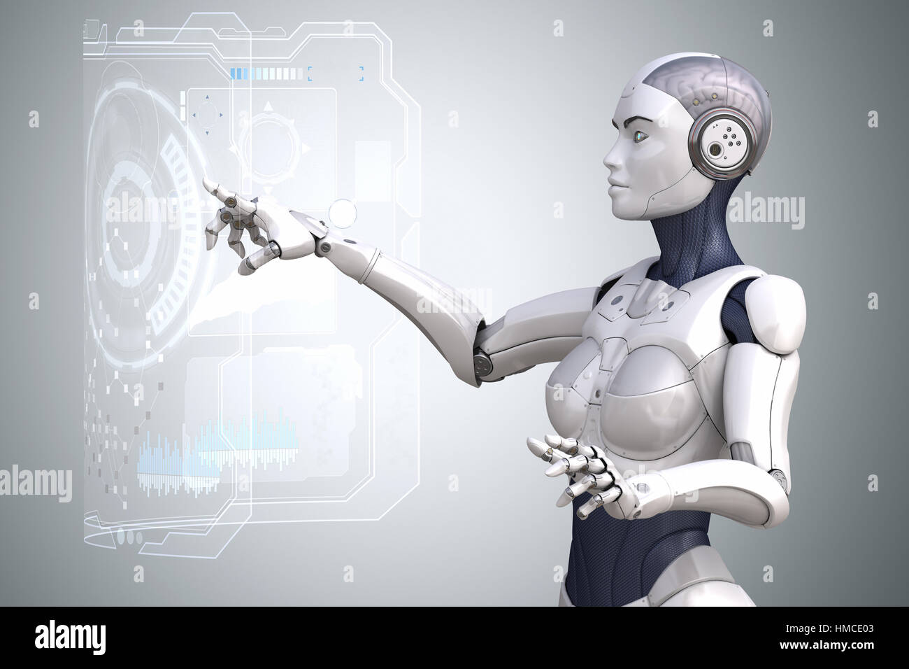 Robot est le travail avec l'écran tactile de la réalité virtuelle. 3D illustration Banque D'Images