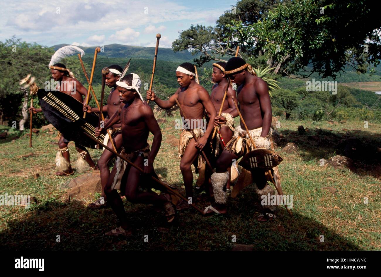 Les guerriers zoulous lors d'une chasse, le KwaZulu-Natal, Afrique du Sud. Banque D'Images