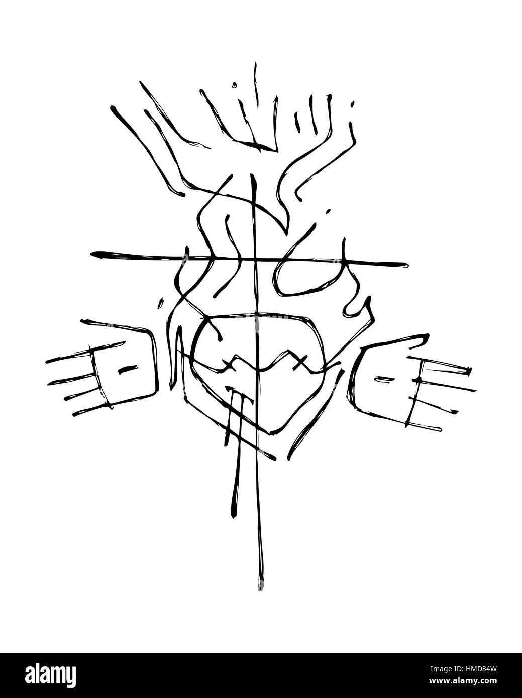 Hand drawn vector illustration ou dessin d'une croix et des symboles religieux Banque D'Images