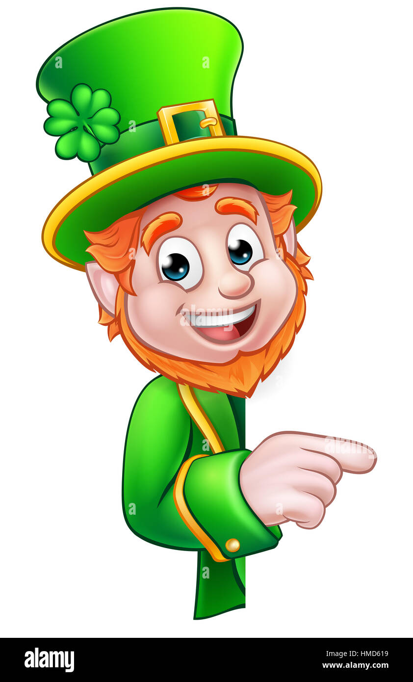 Cartoon Leprechaun St Patricks Day furtivement autour d'un signe de caractère et de pointage Banque D'Images