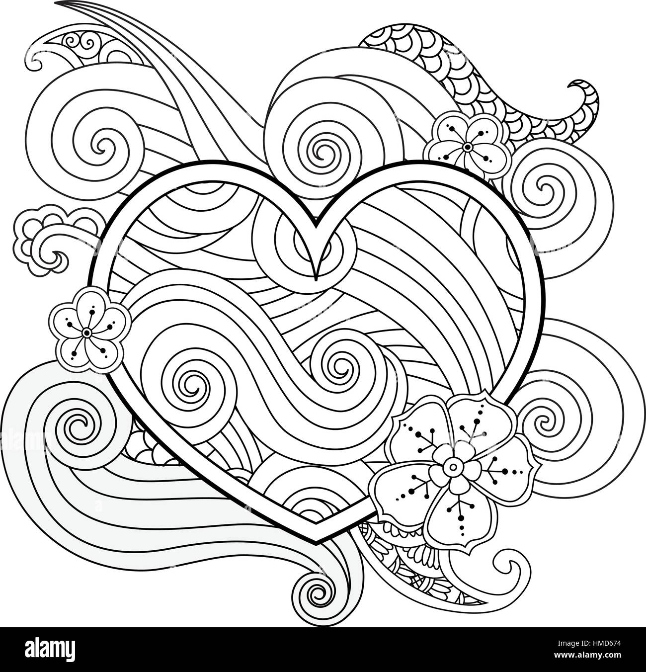 Coloriage avec cœur et abstrait élément isolé. Happy Valentines Day pour l'impression graphique, carte. Illustration de Vecteur