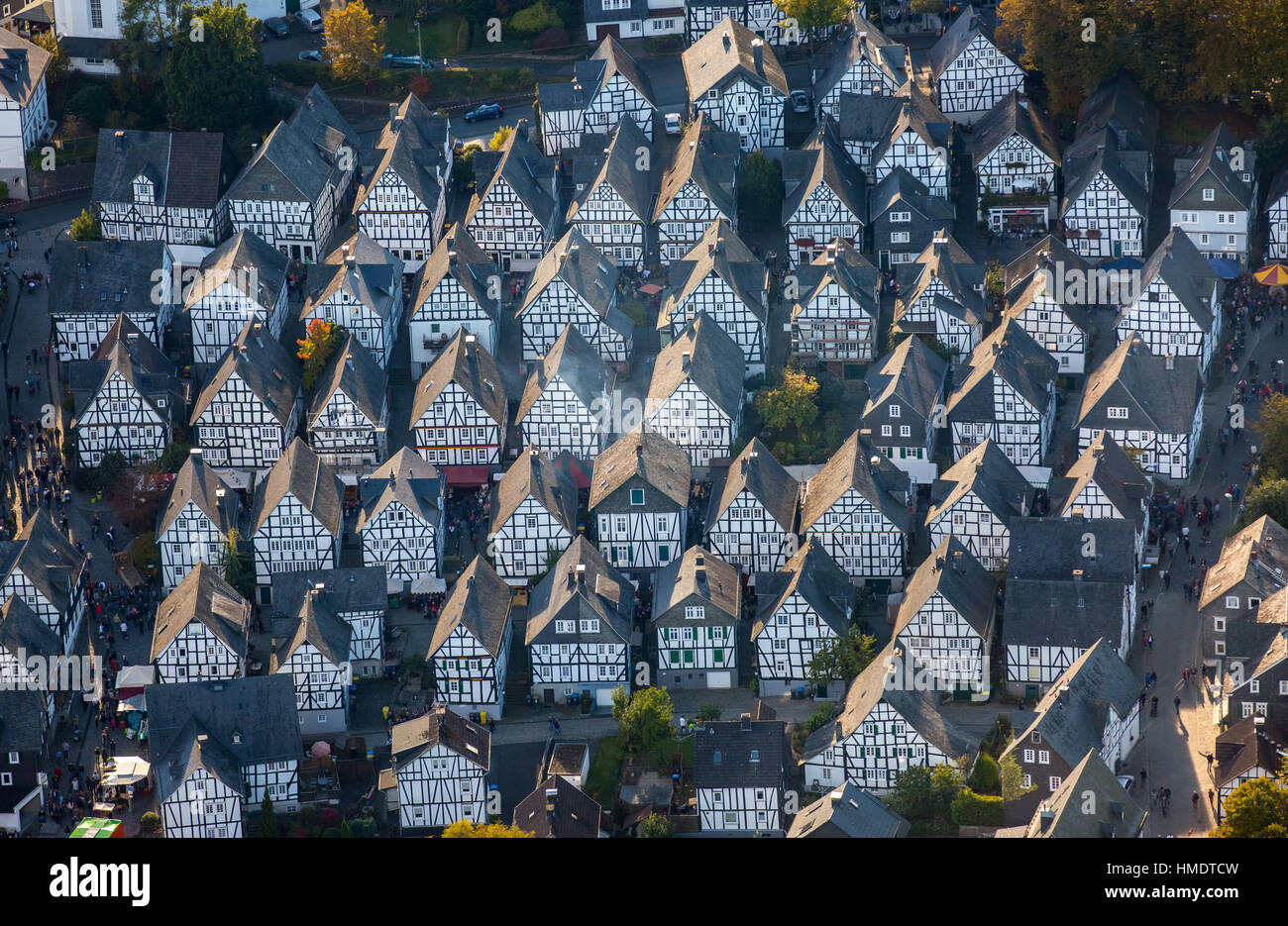 Maisons à colombages, Alter Vacances, centre historique, vue aérienne, Freudenberg, Rhénanie du Nord-Westphalie, Allemagne Banque D'Images