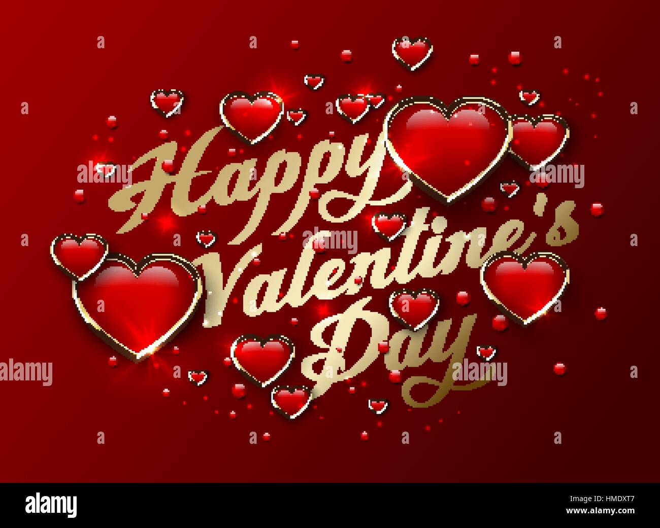 Happy Valentine's Day lettrage doré brillant Carte de souhaits avec coeur 3d et effet de lumière. Fond amour rouge, vector illustration Illustration de Vecteur