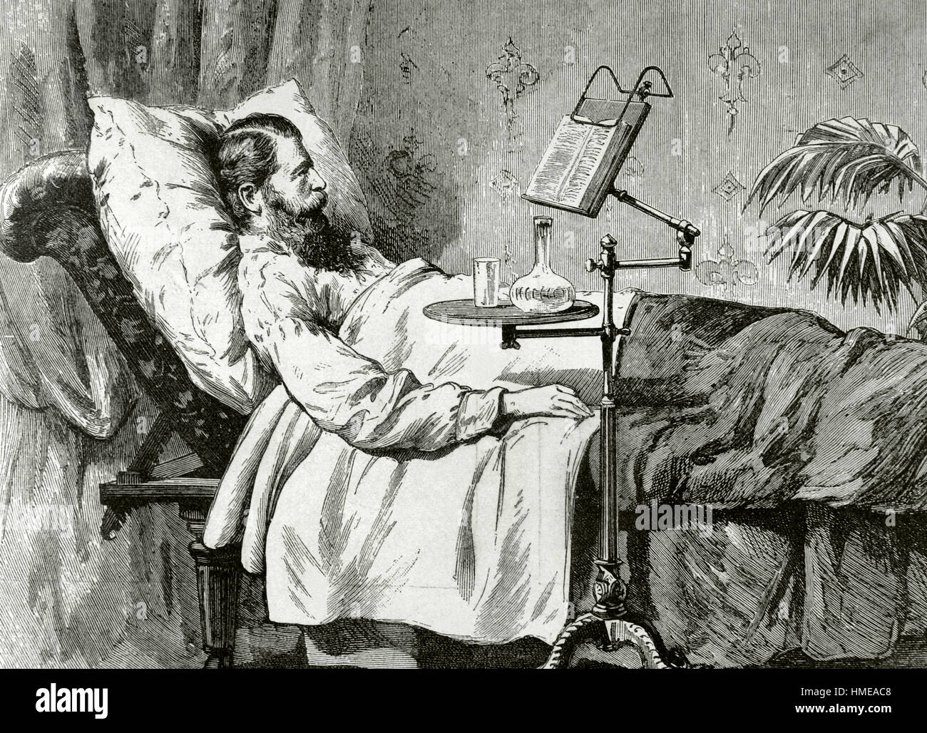 Frédéric-guillaume IV (1795-1861). Roi de Prusse. Le Roi dans sur son lit de mort, dans un cabinet d'étude improvisée. L'illustration artistique, VII, numéro 334, 21 mai 1888. La gravure. Banque D'Images