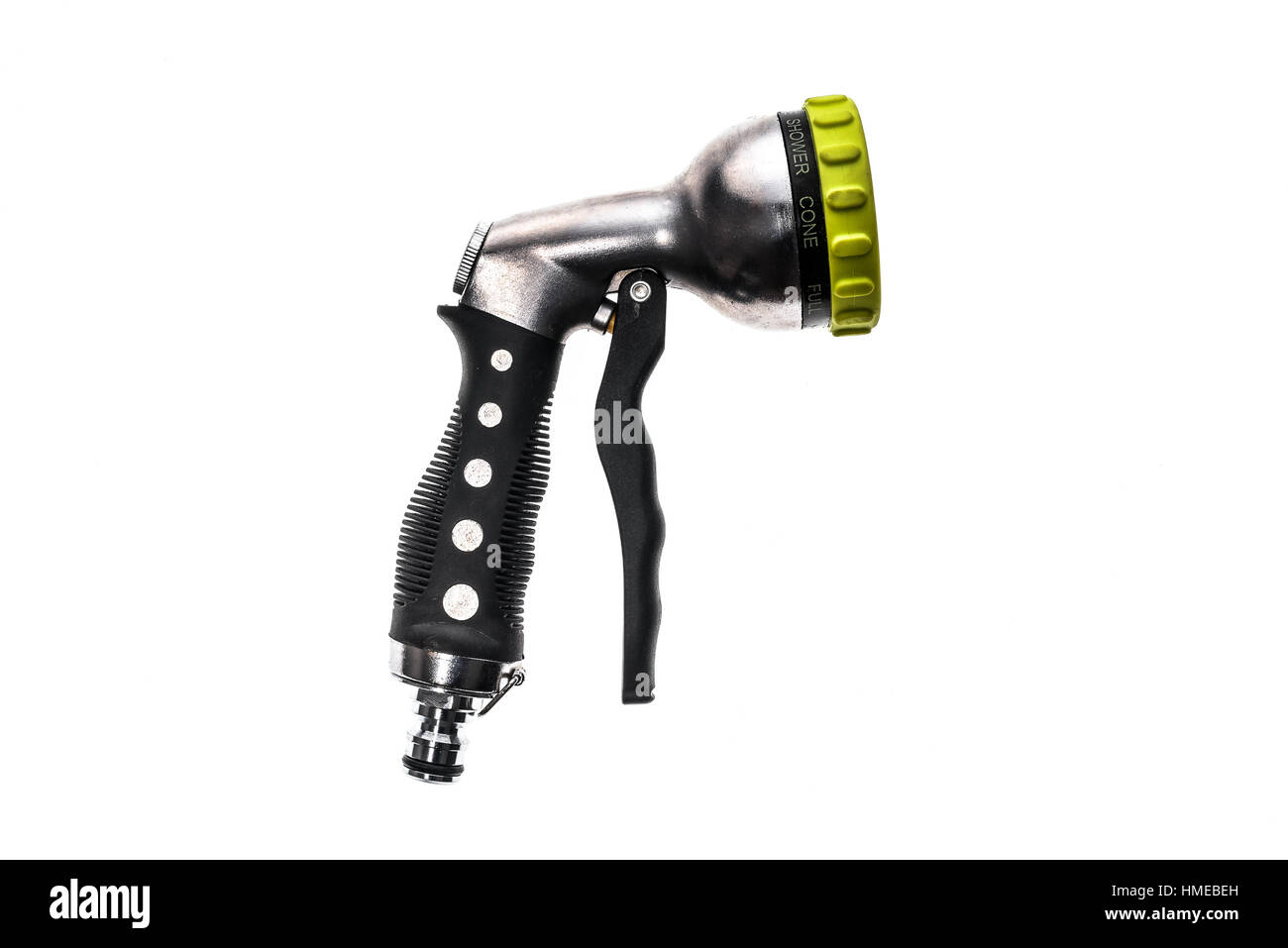 Flexible d'eau de douche réglable avec gicleurs de pulvérisation. Outil de jardinage isolé sur fond blanc. Photo haute résolution. Banque D'Images