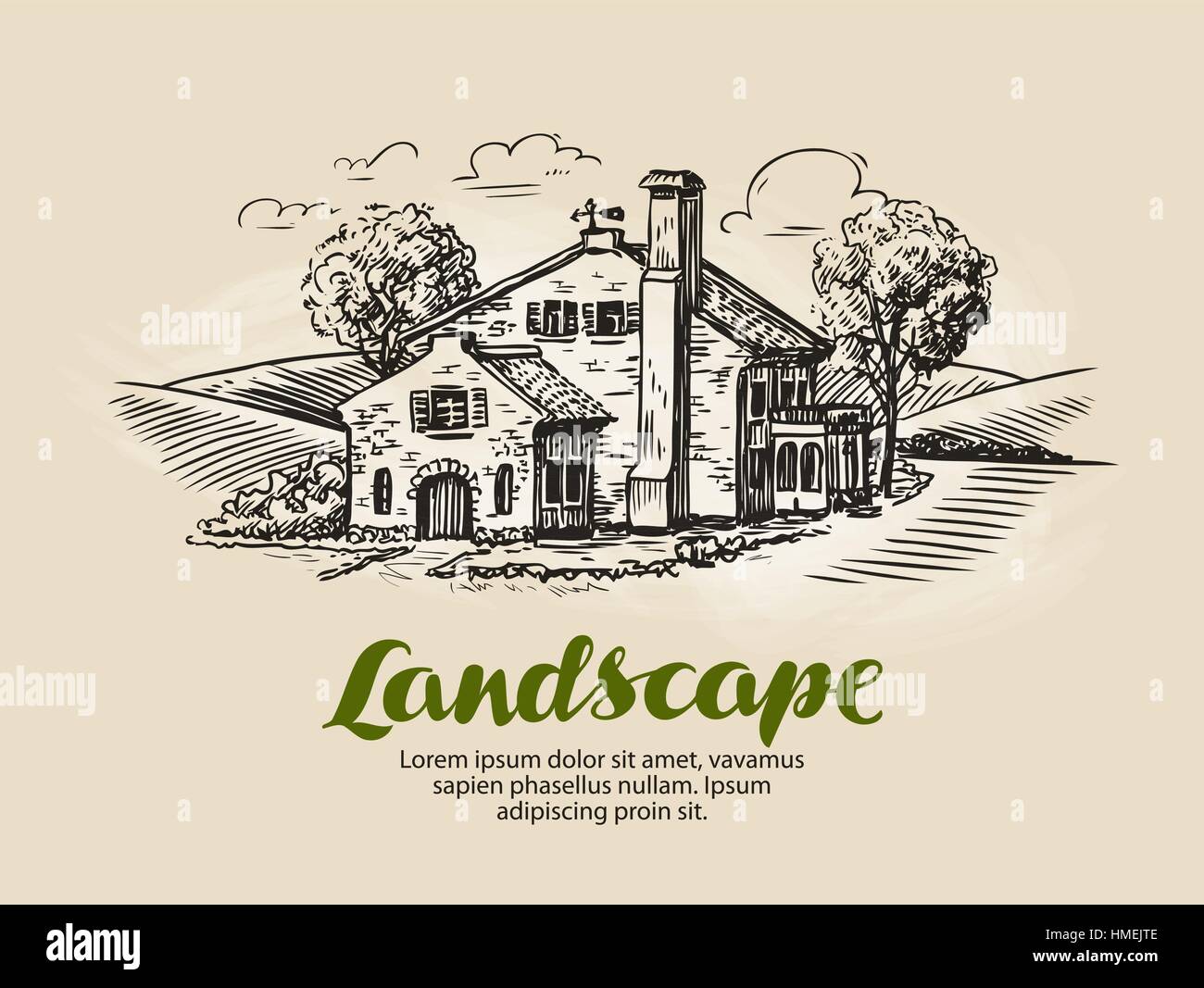 Maison, chalet d'esquisse. Vintage ferme, paysage rural vector illustration Illustration de Vecteur